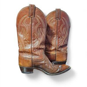 Justin men's leather cowboy boots brown 12" shaft pointed toe size 9E